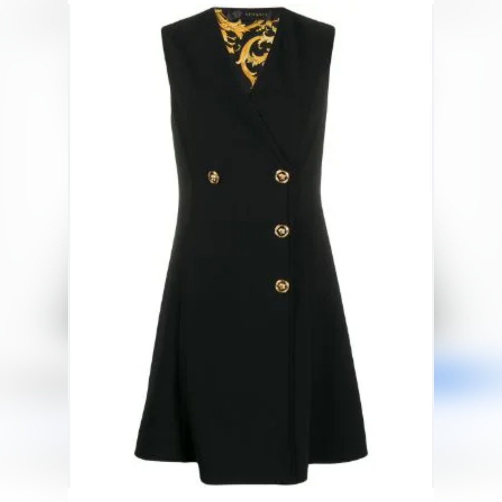 VERSACE 2019 Black Barocco Dress with Gold Medusa Buttons